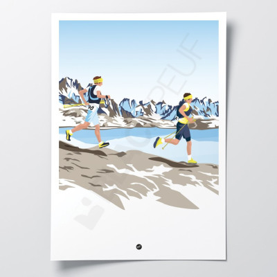 White and blue trail wall poster by the lake in the mountains for decoration