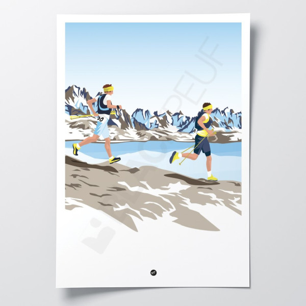 White and blue trail wall poster by the lake in the mountains for decoration