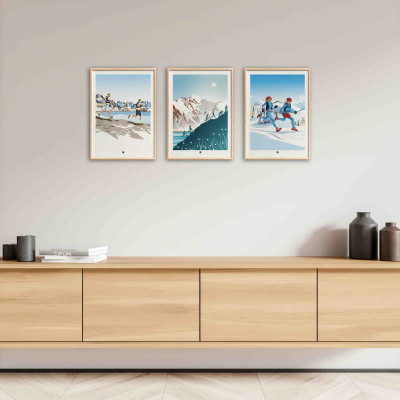White and blue trail wall poster by the lake in the mountains for decoration