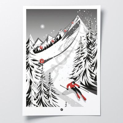 Black and white ski descent poster, perfect for modern, designer décor.