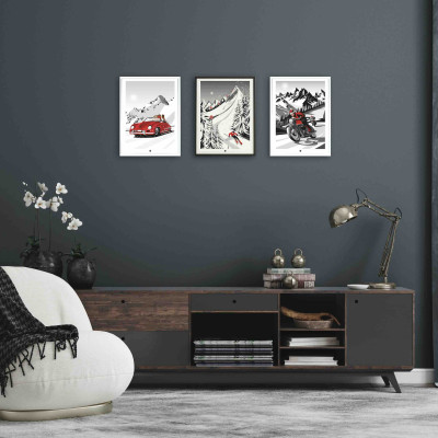 Poster di una discesa sciistica in bianco e nero, perfetto per un arredamento moderno e di design.