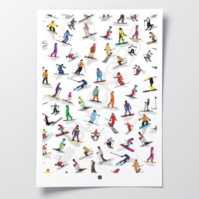 Wandposter mit allen Skifahrern auf den Skipisten des Skigebiets zu Dekorationszwecken.