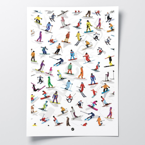 Wall poster with all the skiers on the ski slopes of the ski resort for decorative purposes.