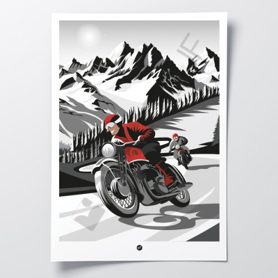 Affiche murale noir et blanc d’un motard rouge sur les routes de montagne pour décoration.