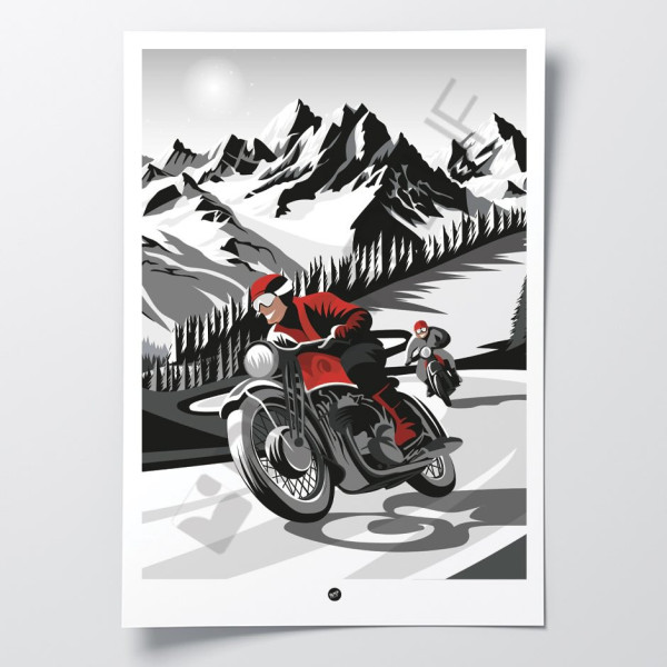 Affiche murale noir et blanc d’un motard rouge sur les routes de montagne pour décoration.