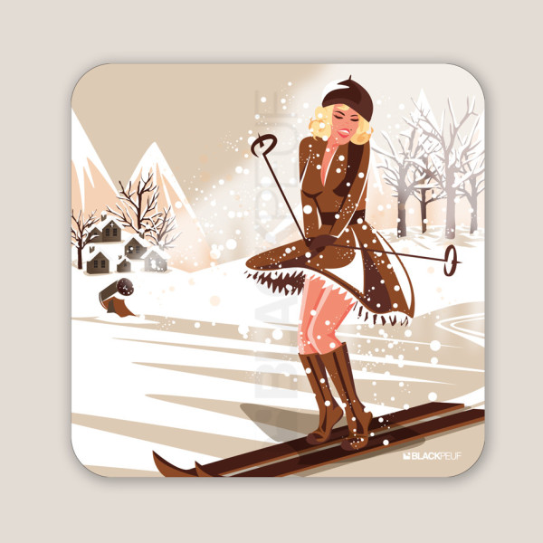Tableau mural peuf peuf pidou femme sexy en ski en robe dans la neige beige et blanc pour la décoration.
