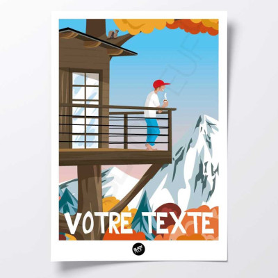 Poster da parete di una capanna del caffè in un bosco autunnale in marrone, arancione e rosso, per decorazione Poster da parete di una capanna del caffè in un bosco autunnale in marrone, arancione e rosso, per decorazione