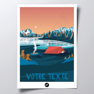 Wandposter eines Murmeltierlagers bei Nacht neben einem Zelt in Blau- und Orangetönen zur Dekoration Wandposter eines Murmeltierlagers bei Nacht neben einem Zelt in Blau- und Orangetönen zur Dekoration
