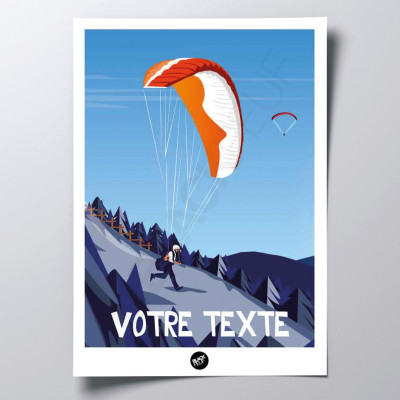 Wall poster of a paragliding take-off, in blue and orange, for decoration Wall poster of a paragliding take-off, in blue and orange, for decoration