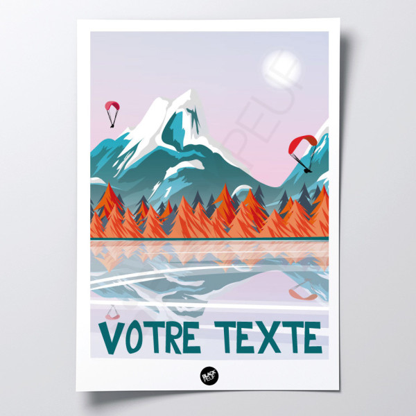 Lake and mountain wall poster with orange and blue paraglider for decoration