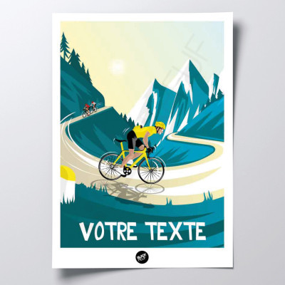 Wall poster of a cyclist on a mountain bend, decorated in sporty blue and yellow colours Wall poster of a cyclist on a mountain bend, decorated in sporty blue and yellow colours