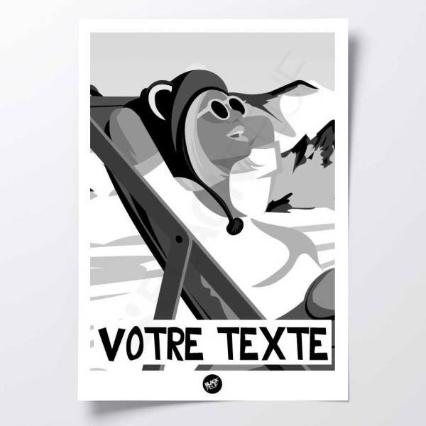 Affiche murale rétro transat noir et blanc après ski terrasse pour la décoration.