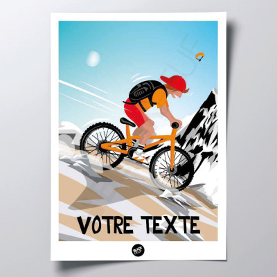 Wandposter einer Mountainbike-Tour durch die Berge in den Farben Weiß-Blau-Orange zur Dekoration Wandposter einer Mountainbike-Tour durch die Berge in den Farben Weiß-Blau-Orange zur Dekoration