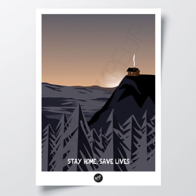 Affiche murale d’une maison seule au monde perchée sur une montagne aux tons sombres noir et gris pour décoration