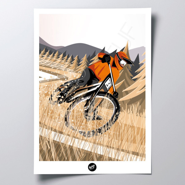 Poster da parete di un'uscita in mountain bike nei campi di grano nei toni del marrone e dell'arancione per la decorazione