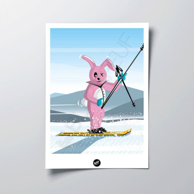 Decorative wall poster with a kigurumi rabbit in a pink ski suit. Decorative wall poster with a kigurumi rabbit in a pink ski suit.