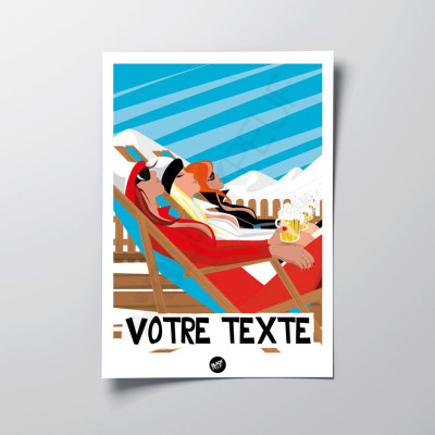 Affiche murale les filles des alpes rouge et bleu après ski terrasse station pour la décoration. Affiche murale les filles des alpes rouge et bleu après ski terrasse station pour la décoration.