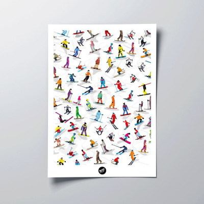 Wandposter mit allen Skifahrern auf den Skipisten des Skigebiets zu Dekorationszwecken. Wandposter mit allen Skifahrern auf den Skipisten des Skigebiets zu Dekorationszwecken.