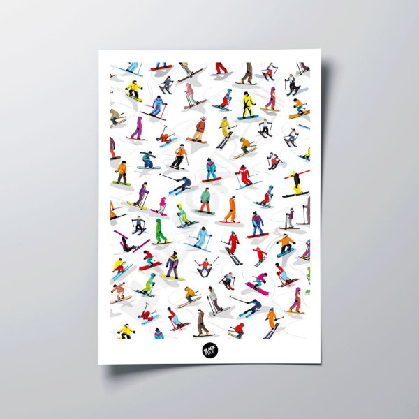 Wandposter mit allen Skifahrern auf den Skipisten des Skigebiets zu Dekorationszwecken.