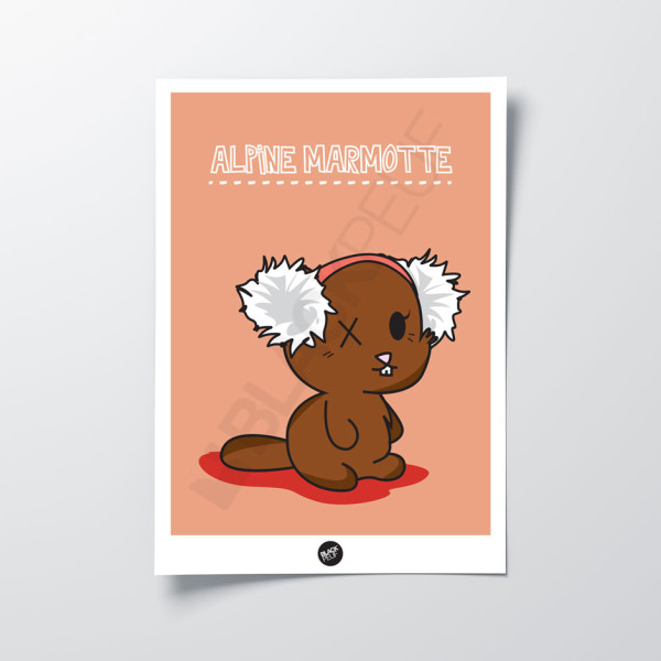 Affiche murale alpine marmotte mignon marron et rose pour la décoration.