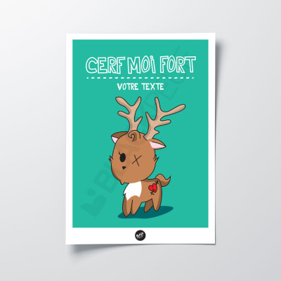 Affiche murale cerf moi fort humour mignon animal marron et vert jeu de mot pour la décoration. Affiche murale cerf moi fort humour mignon animal marron et vert jeu de mot pour la décoration.
