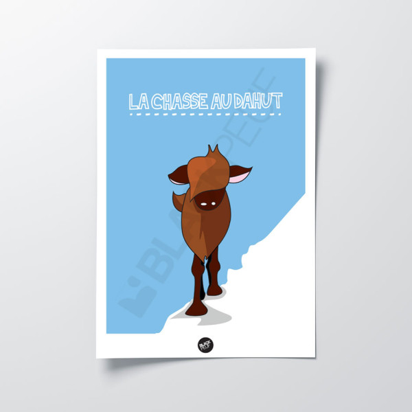 Affiche murale chasse au dahut marron sur fond bleu animal mignon humour pour la décoration.
