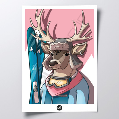 Affiche murale apollinaire le cerf black animals humanisé au ski rose et bleu pour la décoration. Affiche murale apollinaire le cerf black animals humanisé au ski rose et bleu pour la décoration.
