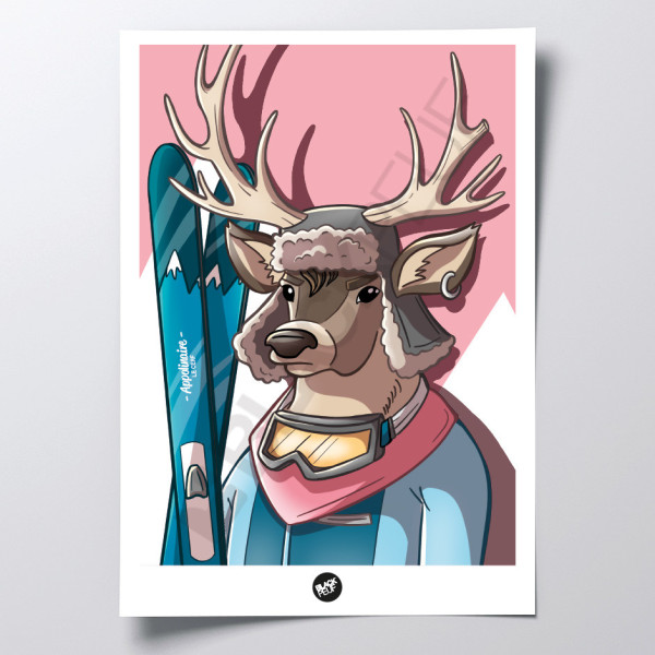 Affiche murale apollinaire le cerf black animals humanisé au ski rose et bleu pour la décoration.