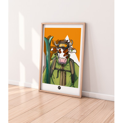 Affiche murale Eustache la vache black animals animal au ski sur fond orange pour la décoration. Affiche murale Eustache la vache black animals animal au ski sur fond orange pour la décoration.