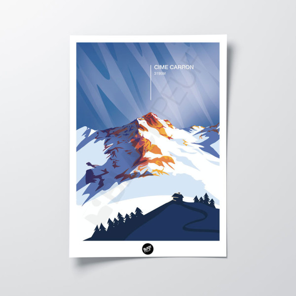 Affiche murale cime Carron mont altitude montagne bleu et violet pour la décoration.