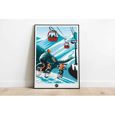 Wandposter Mountainbike unter Sesselliften in den Bergen in Blau-, Orange- und Rottönen zur Dekoration Wandposter Mountainbike unter Sesselliften in den Bergen in Blau-, Orange- und Rottönen zur Dekoration