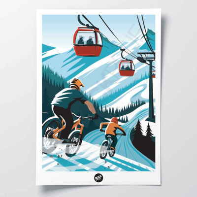 Blue, orange and red mountain bike wall posters for chairlifts in the mountains Blue, orange and red mountain bike wall posters for chairlifts in the mountains