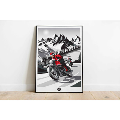 Poster murale in bianco e nero di un motociclista rosso su strade di montagna per decorazione Poster murale in bianco e nero di un motociclista rosso su strade di montagna per decorazione