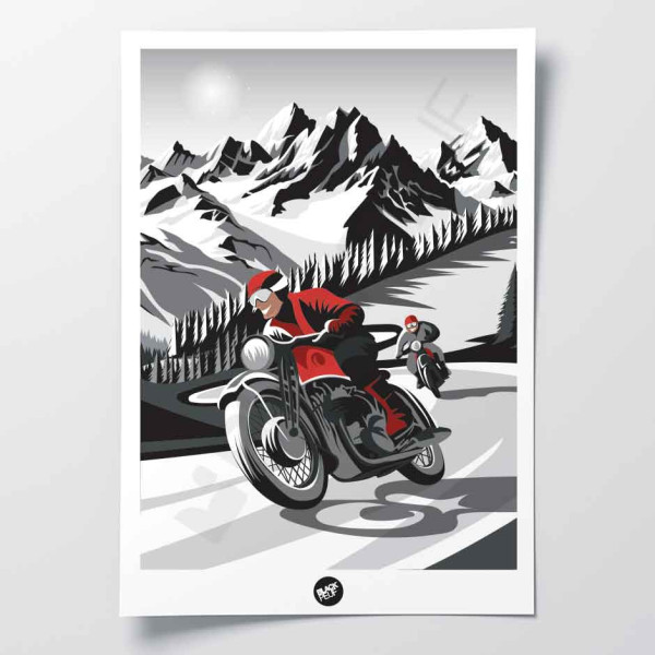 Poster murale in bianco e nero di un motociclista rosso su strade di montagna per decorazione