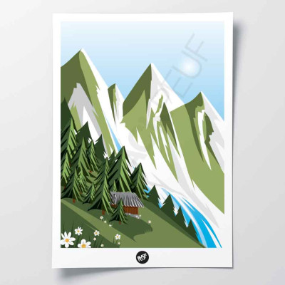 Wall poster of Savoie in summer, between mountains and green fir trees for decoration Wall poster of Savoie in summer, between mountains and green fir trees for decoration