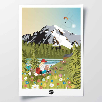 Wall poster of a coffee break in a green field between a lake and white and blue mountains for decoration Wall poster of a coffee break in a green field between a lake and white and blue mountains for decoration