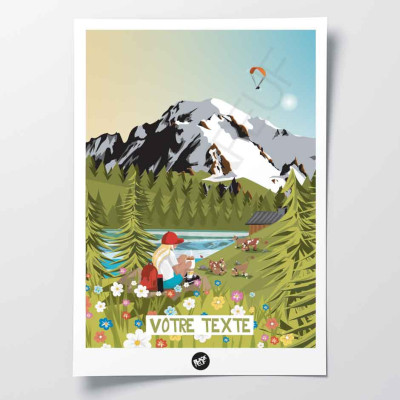 Wall poster of a coffee break in a green field between a lake and white and blue mountains for decoration Wall poster of a coffee break in a green field between a lake and white and blue mountains for decoration