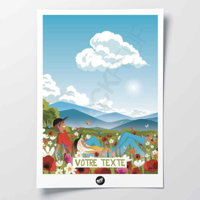 Wall poster of a couple reclining in a mountain field, gazing at the light blue, white and green clouds Wall poster of a couple reclining in a mountain field, gazing at the light blue, white and green clouds