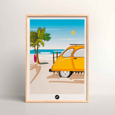 Wall poster of a 2CV by the beach, near the sand and palm trees, in shades of yellow, blue and green Wall poster of a 2CV by the beach, near the sand and palm trees, in shades of yellow, blue and green