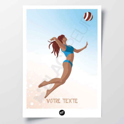 Affiche murale beach volley fille qui saute en maillot de bain bleu, smashe le ballon sur fond bleu et beige pour la décoration. Affiche murale beach volley fille qui saute en maillot de bain bleu, smashe le ballon sur fond bleu et beige pour la décoration.