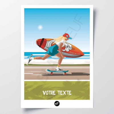 Wall poster of a blonde skateboarder with her surfboard, beach road, green and blue decor