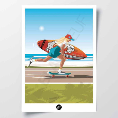 Wall poster of a blonde skateboarder with her surfboard, beach road, green and blue decor