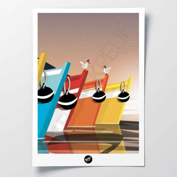 Affiche murale boat sunset multicolor sur l'eau orange pour la décoration.