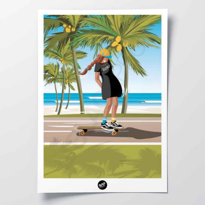 Wall poster of a brown skateboarder on the way to the beach, in green and blue for decoration Wall poster of a brown skateboarder on the way to the beach, in green and blue for decoration