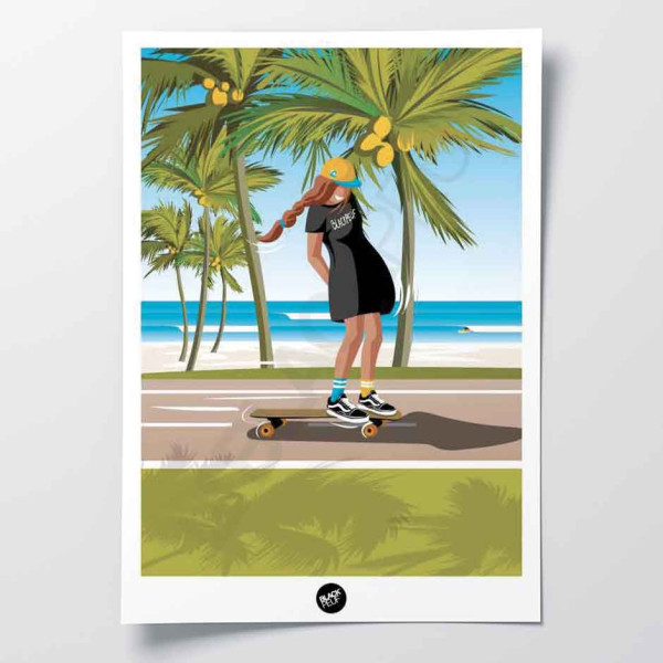 Wall poster of a brown skateboarder on the way to the beach, in green and blue for decoration