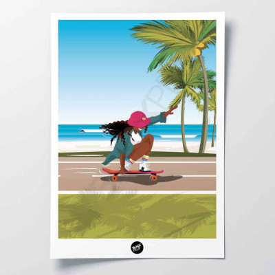 Poster da parete di uno skateboarder dai capelli ricci che si dirige verso la spiaggia, decoro verde e blu Poster da parete di uno skateboarder dai capelli ricci che si dirige verso la spiaggia, decoro verde e blu
