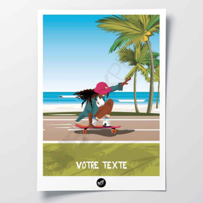 Affiche murale d’une skateuse aux cheveux frisés sur la route de la plage, vert et bleu déco