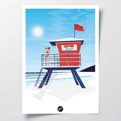 Poster da parete di un bagnino sulla sua torretta con binocolo, in rosso e blu per decorazione Poster da parete di un bagnino sulla sua torretta con binocolo, in rosso e blu per decorazione