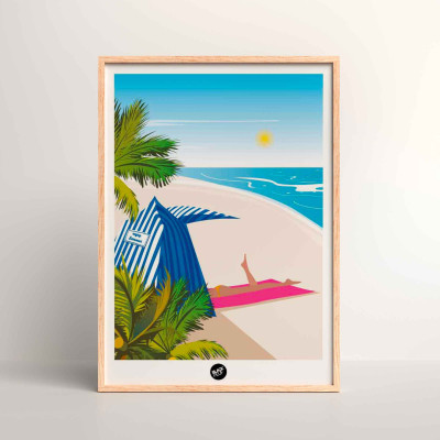 Affiche murale d’une bronzette sur une plage de sable et palmiers, aux tons bleu, vert et rose pour décoration Affiche murale d’une bronzette sur une plage de sable et palmiers, aux tons bleu, vert et rose pour décoration