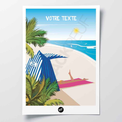 Affiche murale d’une bronzette sur une plage de sable et palmiers, aux tons bleu, vert et rose pour décoration Affiche murale d’une bronzette sur une plage de sable et palmiers, aux tons bleu, vert et rose pour décoration